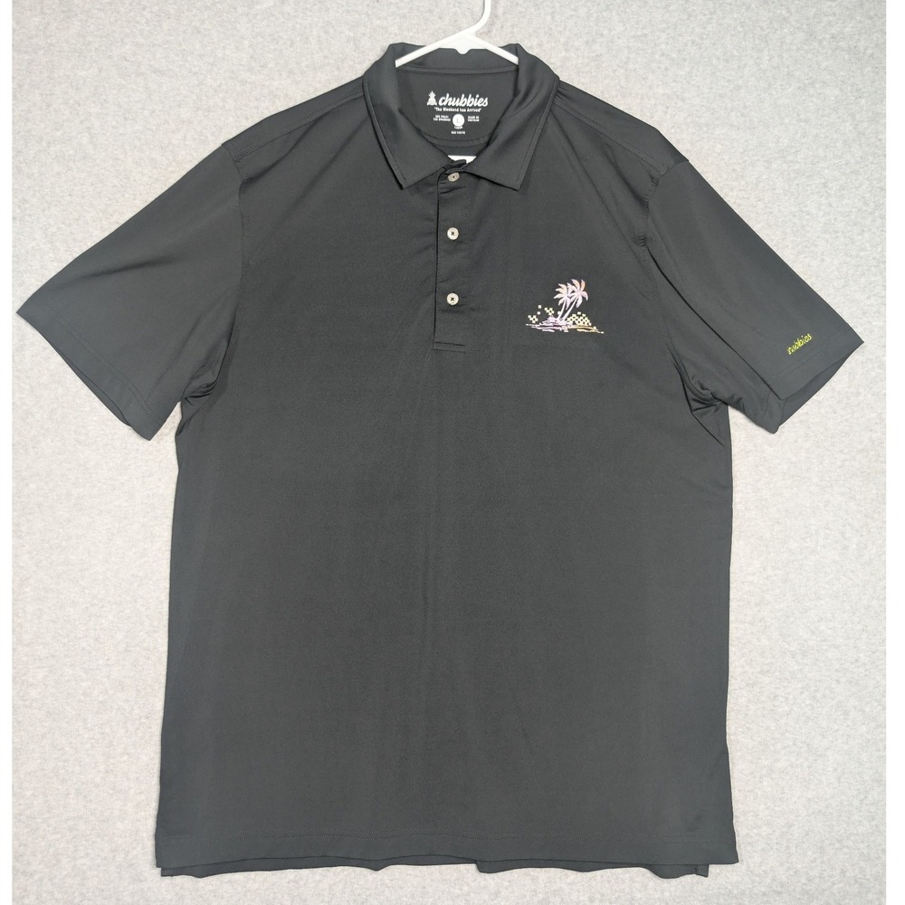 Chubbies Polo Shirt Mens Large Black Palm Tree Stretch Golf Vacation Athleisure